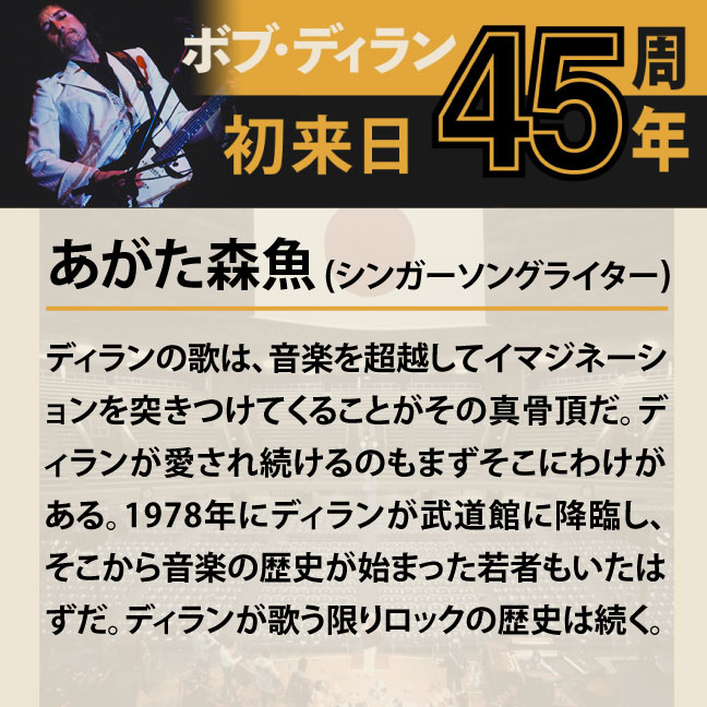 コメント2-7あがた森魚 「ディランの歌は、音楽を超越してイマジネーションを突きつけてくることがその真骨頂だ。ディランが愛され続けるのもまずそこにわけがある。1978年にディランが武道館に降臨し、そこから音楽の歴史が始まった若者もいたはずだ。ディランが歌う限りロックの歴史は続く。」