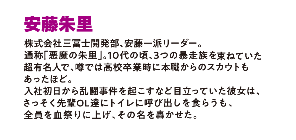 安藤朱里
                        株式会社三冨士開発部、安藤一派リーダー。
                        通称「悪魔の朱里」。10代の頃3つの暴走族を束ねていた超有名人で、
                        噂では高校卒業時に本職からのスカウトもあったほど。
                        入社初日から乱闘事件を起こすなど目立っていた彼女は、
                        さっそく先輩OL達にトイレに呼び出しを食らうも、全員を血祭りに上げ、その名を轟かせた。
                        