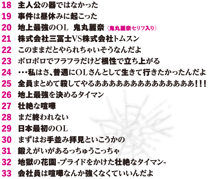 18 主人公の器ではなかった 
                    19 事件は昼休みに起こった               
                    20 地上最強のＯＬ 鬼丸麗奈（鬼丸麗奈セリフ入り） 
                    21 株式会社三冨士VS株式会社トムスン                      
                    22 このままだとやられちゃいそうなんだよ                 
                    23 ボロボロでフラフラだけど根性で立ち上がる                        
                    24 ・・・私はさ、普通にＯＬさんとして生きて行きたかったんだよ                   
                    25 全員まとめて殺してやるああああああああああああああ！！！                       
                    26 地上最強を決めるタイマン                        
                    27 壮絶な喧嘩                     
                    28 まだ終われない              
                    29 日本最初のＯＬ             
                    30 まずはお手並み拝見といこうかの           
                    31 鍛えがいがあるっちゅうこっちゃ              
                    32 地獄の花園-プライドをかけた壮絶なタイマン      
                    33 会社員は喧嘩なんか強くなくていいんだよ 